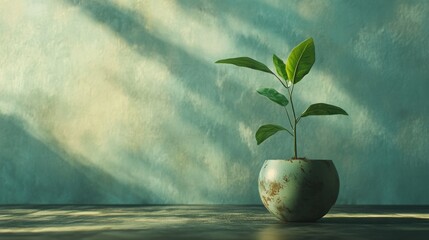 Canvas Print - A Single Green Plant in a Distressed Blue Pot Against a Green Background