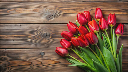 Poster - Beautiful red tulips bouquet on wooden background, tulips, red, flowers, bouquet, wooden, background, vibrant, spring, nature