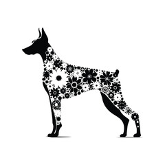 Doberman dog made by simple flower drawing, black and white animal illustration