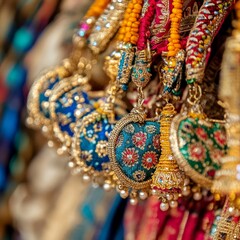 Wall Mural - Close-up of colorful fabric and gold ornaments hanging in a market.