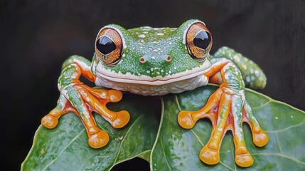 Poster - Close-up of a vibrant green and orange frog on a leaf