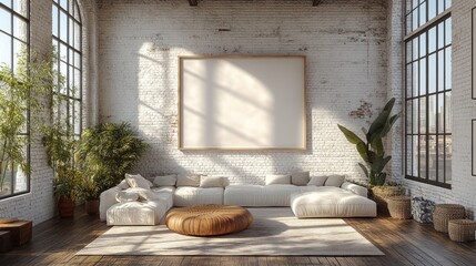 Canvas Print - Modern Loft Interior Design with White Brick Walls and Large Windows