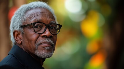 Poster - A man with glasses and a beard is looking at the camera. He is wearing a black shirt and he is in a contemplative mood