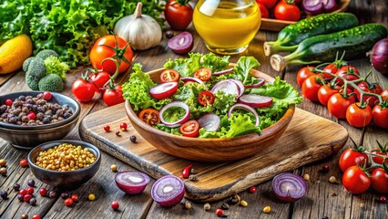 Fresh and colorful salad ingredients arranged on a rustic wooden table, awaiting preparation to become a delectable meal that's sure to satisfy any appetite.