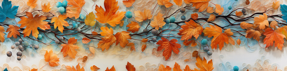 Wall Mural - yellow autumn leaves abstract background plastic sculpture digital 3d graphics long, narrow, panorama, design