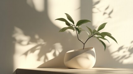 Wall Mural - A potted plant with green leaves casting shadows on a white wall