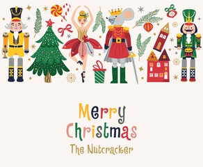 Merry Christmas, New Year set with Ballerina, Mouse King and Nutcracker. Christmas card three and toys