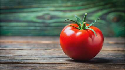 Fresh juicy red tomato with vibrant green stem, organic, healthy, vegetable, ripe, plant, agriculture, food, culinary, salad