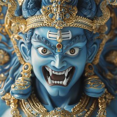 Sticker - Close-up portrait of a blue and gold deity with fierce expression and sharp teeth.