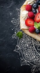 Close-up of a delicious pastry topped with whipped cream, fresh strawberries, raspberries and blueberries.