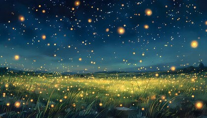 Starlit Sky Over a Serene Grass Field Illuminated by Dancing Fireflies