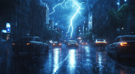 Wall Mural - A car driving on the street in heavy rain, lightning and thunder lighting up the city streets