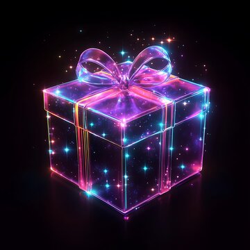 Glowing gift box in neon style on a black background (1)