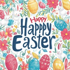 Canvas Print - Colorful Easter greeting with eggs, bunnies, and flowers.