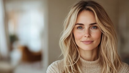 minimalistic portrait of beautiful blonde caucasian woman with green eyes in beige sweater, copy space, natural beauty