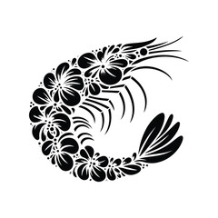 Shrimp made by simple flower drawing, black and white animal illustration