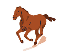 Poster - Galloping horse. Thoroughbred stallion running fast, rushing with speed. Strong equine breed kicking up dirt, racing. Free steed in motion. Flat vector illustration isolated on white background