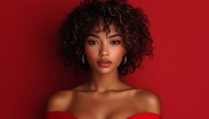 Wall Mural - posh mulatto woman with curly hair in red dress on red background