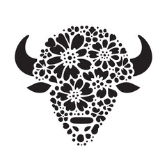 Bison made by simple flower drawing, black and white animal illustration