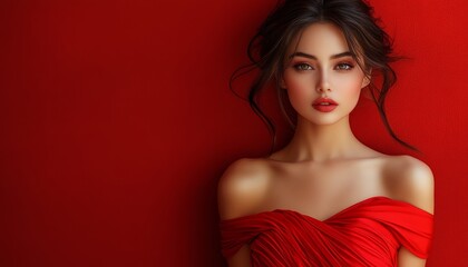 Wall Mural - beautiful caucasian woman in red dress with bright makeup on red background, copy space