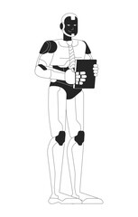 Poster - Robot office worker black and white line illustration. Robotics tie employee holding paperwork 2D linear character isolated. Futuristic corporate assistant technology monochrome vector outline image