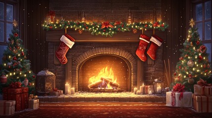 Sticker - Cozy fireplace with decorated Christmas trees, presents, and stockings.