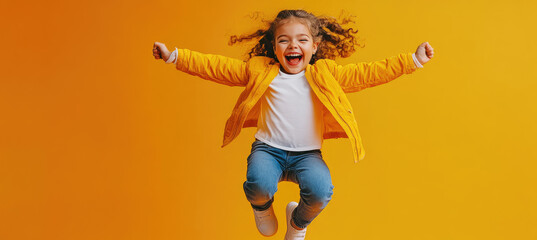 Canvas Print - A cheerful little girl with curly hair, wearing a white T-shirt and yellow jacket, jumping against an orange background