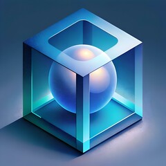 Poster - A 3D rendering of a glowing blue sphere inside a translucent blue cube.