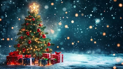 Poster - Decorated Christmas tree with presents under it in the snow with star on top and a snowy night sky.