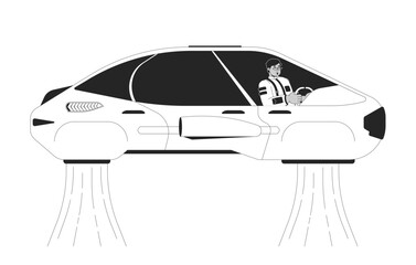 Poster - Future flying car driver black and white line illustration. Pilot scifi man driving futuristic vehicle 2D linear character isolated. Futurism science fiction transport monochrome vector outline image