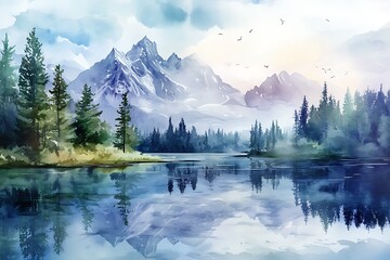 Watercolor landscape with mountains, forest and river in front. beautiful landscape.