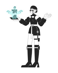 Poster - Holographic phone call black and white line illustration. Hologram technology. Futuristic woman talking cellphone 2D linear character isolated. AR video chat friend monochrome vector outline image