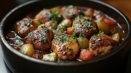 A bowl of food with meat and vegetables