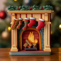 Sticker - Festive fireplace with stockings hanging and a roaring fire.