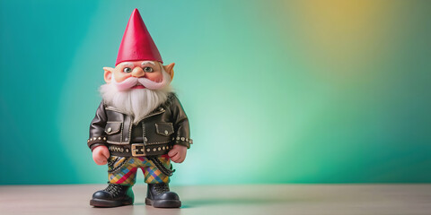 Garden gnome with punk attire posing on a pastel background, garden gnome, punk, attire, pastel background, colorful, unique