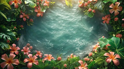 Wall Mural - Aerial view of a tropical water pool surrounded by lush green foliage and vibrant flowers.