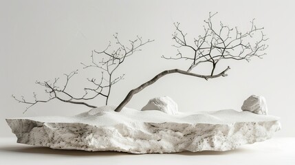 A minimalist sculpture featuring a white textured base with two abstract rocks and a slender, curved branch with sparse twigs extending from it.