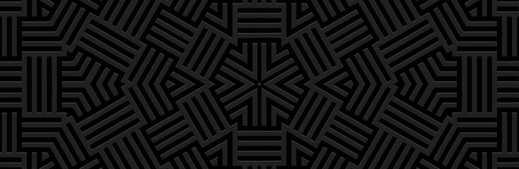 Wall Mural - Banner and cover design. Relief geometric 3D pattern, wicker. Black background, stamping. Ornaments, arabesques, mandala, handicraft. The ethnic culture of the East, Asia, India, Mexico, Aztec, Peru. 