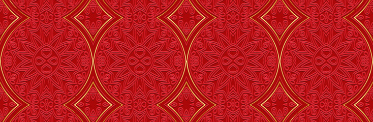 Wall Mural - Banner, cover design. Embossed geometric decorative 3D pattern with hearts on a red background, embossing. Ornaments, arabesques, mandala. Ethnic culture of the East, Asia, India, Mexico, Aztec, Peru.