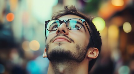 Wall Mural - A young man with a beard, wearing glasses, looks up with a thoughtful expression.