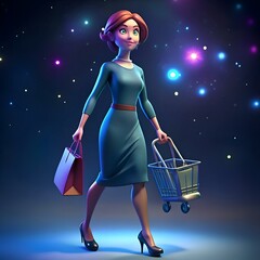 Sticker - A cheerful 3D cartoon woman. dressed in a blue dress. strolls with a shopping bag and a small shopping cart. set against a sparkling night background.