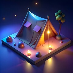 Sticker - A charming 3D illustration of a camping tent glowing under the night sky. perfect for adding a touch of adventure to your designs.