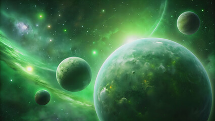 Wall Mural - space background with green moon and planets in the green universe, space, background, green, moon, 