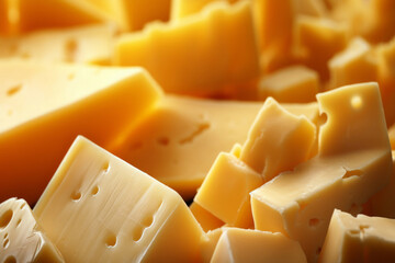 Processed texture of radomer or maasdam yellow cheese with large holes close up. Detailed photo of cheese surface