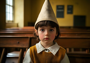 Wall Mural - a young child wearing a dunce cap in a vintage classroom