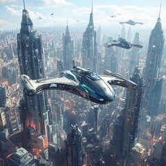 Canvas Print - Futuristic city with flying vehicles soaring through the air.