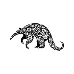 Anteater made by simple flower drawing, black and white animal illustration