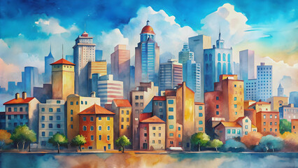 A picturesque aquarelle cityscape featuring peach and blue buildings under a blue sky , watercolor,cityscape, architecture