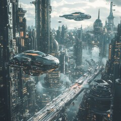 Poster - Futuristic cityscape with flying cars and buildings.