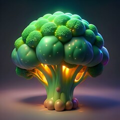 Sticker - A glowing 3D broccoli illustration with a vibrant green hue. perfect for adding a fun and healthy touch to your designs.